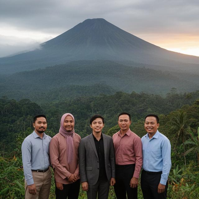 Tim konsultan SDM berdiri di depan pemandangan pegunungan Dempo di Pageralam